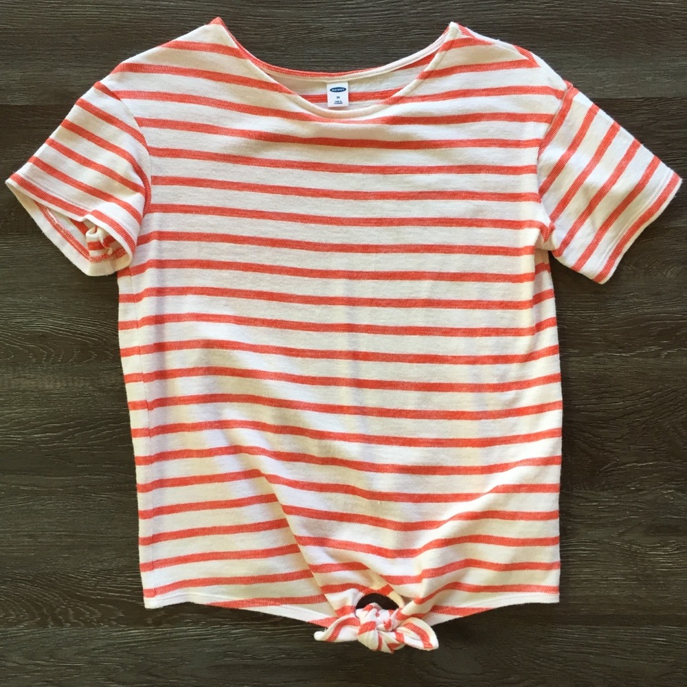 Old Navy Tie Front Top Women’s XS Red Stripes Short Sleeve Crewneck